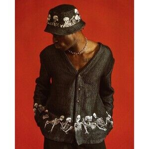 Funeral Apparel Family Ties Tapestry Oversized Skeleton Print Button Cardigan M